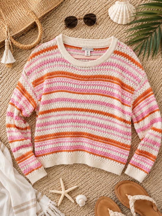 Sincerly Jules Sweaters - Sincerely Jules Striped Open Knit Sweater Pink Orange Cream Size Small
